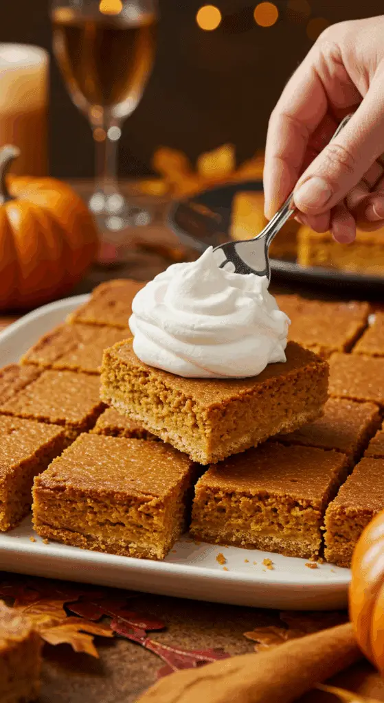 A platter of beautiful, square slices of homemade Sheet Pan Pumpkin Pie being served at a Thanksgiving party.