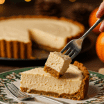 An elegant slice of homemade Pumpkin Mousse Tart being served as dessert at a festive holiday dinner.