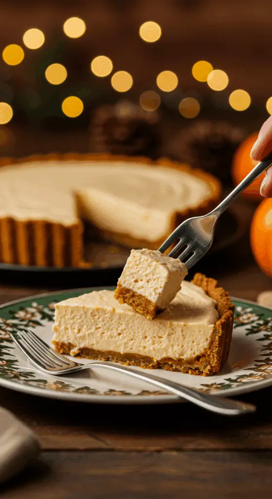 An elegant slice of homemade Pumpkin Mousse Tart being served as dessert at a festive holiday dinner.