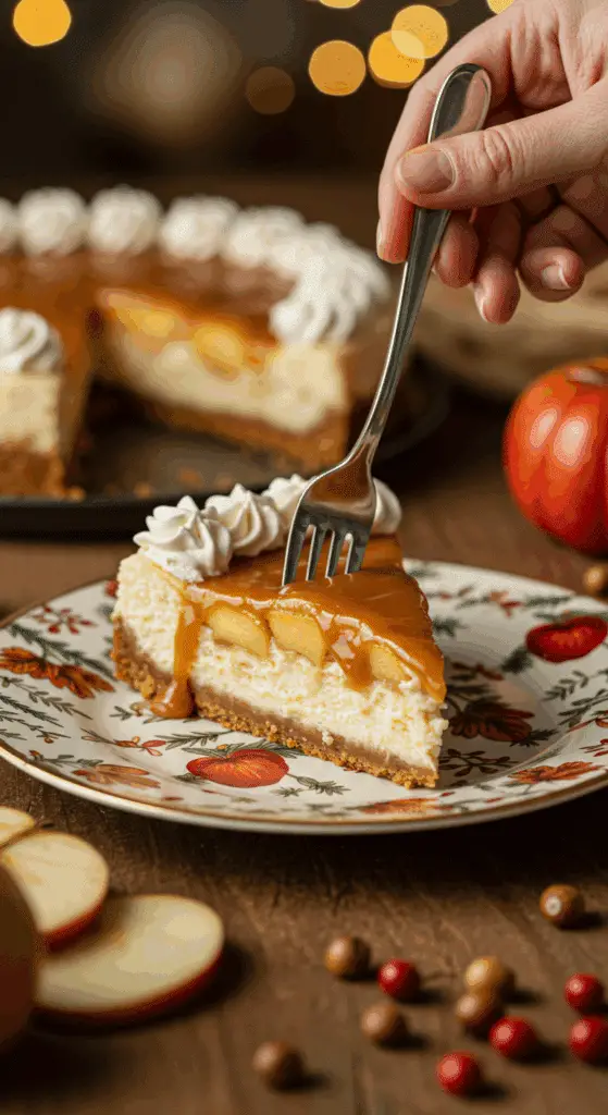 A beautiful slice of Caramel Apple Cheesecake being served as dessert at a festive Thanksgiving dinner.