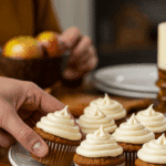 A beautiful platter of homemade Apple Pie Cupcakes being served at a festive Thanksgiving party.