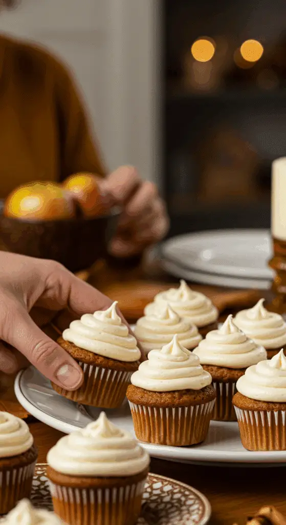 A beautiful platter of homemade Apple Pie Cupcakes being served at a festive Thanksgiving party.