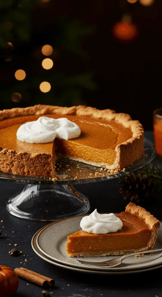 A beautiful, gourmet, homemade Pumpkin Pie on a cake stand with a perfect, creamy slice removed.