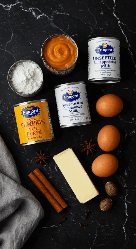 The sophisticated, from-scratch ingredients for the gourmet Pumpkin Pie recipe with a triple-dairy filling.