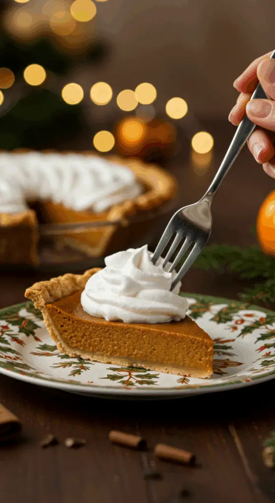 A beautiful slice of homemade, gourmet Pumpkin Pie with a swirl of whipped cream being served for a holiday dessert.