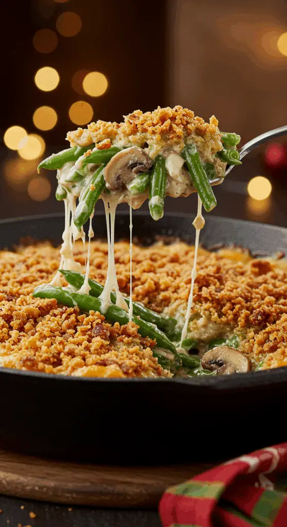 A beautiful, golden-brown, from-scratch Green Bean Casserole with a crispy homemade onion topping in a cast-iron skillet.