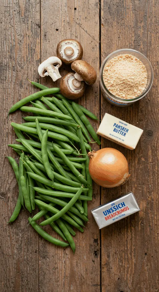 The fresh, from-scratch ingredients for the homemade Green Bean Casserole recipe.