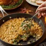 Serving a large, delicious scoop of from-scratch Green Bean Casserole at a happy Thanksgiving dinner.