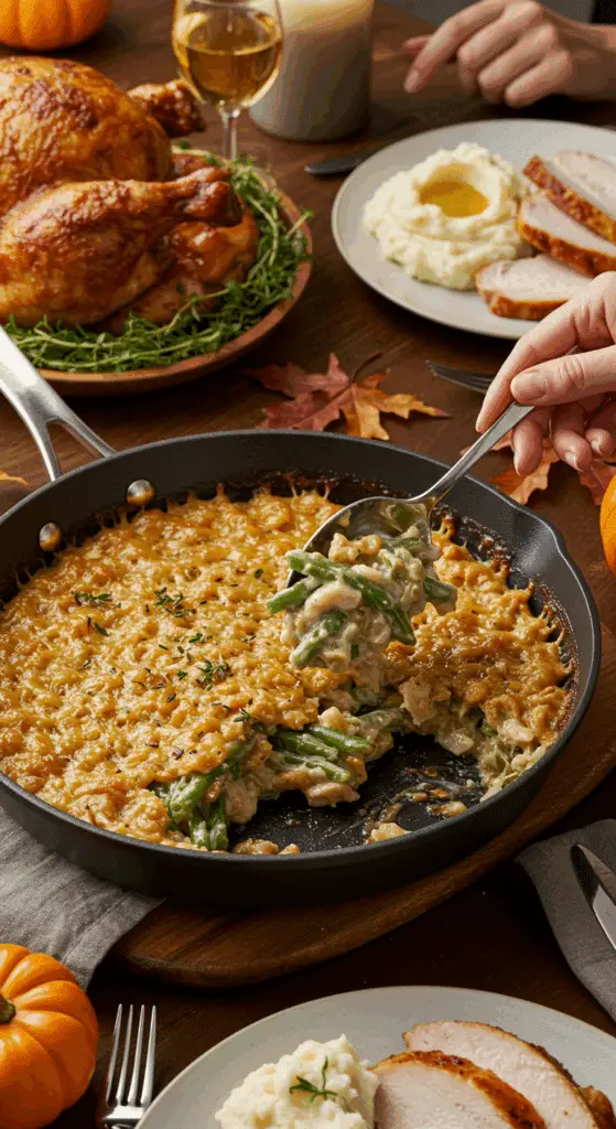 Serving a large, delicious scoop of from-scratch Green Bean Casserole at a happy Thanksgiving dinner.