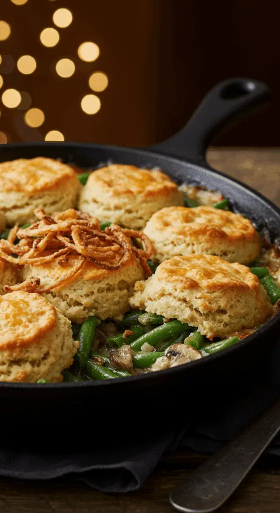 A beautiful, golden-brown, homemade Savory Green Bean Cobbler with fluffy cheddar biscuits in a cast-iron skillet.