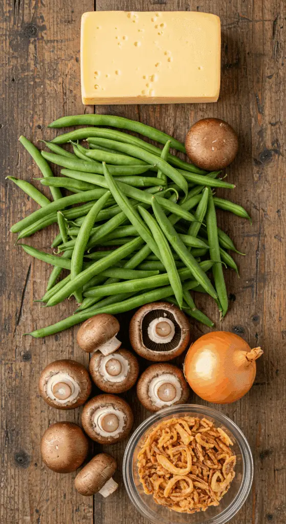 The fresh, from-scratch ingredients for the Savory Green Bean Cobbler with Cheddar Biscuits.