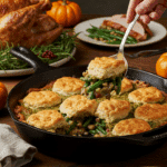 Serving a delicious scoop of the homemade Savory Green Bean Cobbler at a festive Thanksgiving dinner.