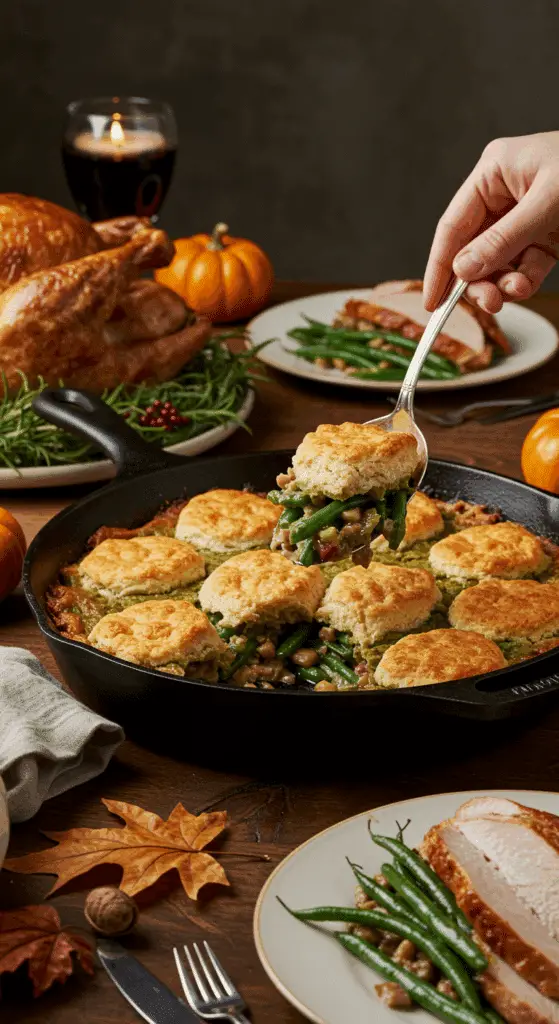 Serving a delicious scoop of the homemade Savory Green Bean Cobbler at a festive Thanksgiving dinner.