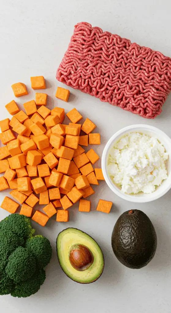 The fresh, healthy ingredients for the Hot Honey Ground Beef Bowls recipe.