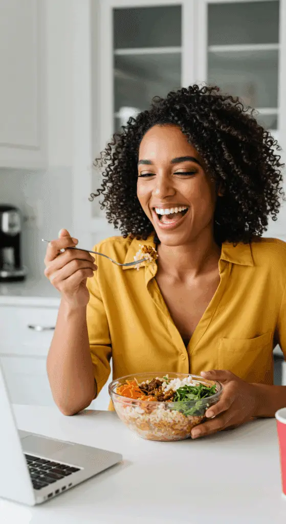 A person happily eating a healthy and delicious Hot Honey Ground Beef Bowl for lunch.