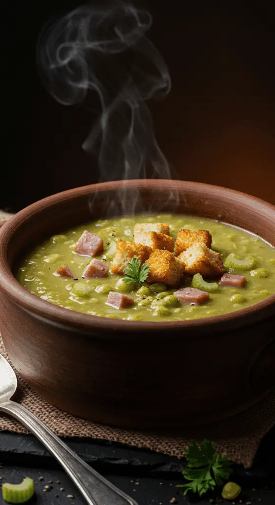 A warm, rustic bowl of thick and hearty homemade Ham and Split Pea Soup with chunks of ham.