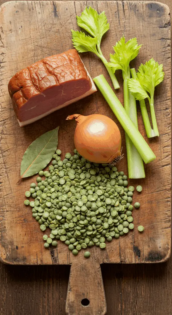 The simple, rustic ingredients for the classic Ham and Split Pea Soup recipe.