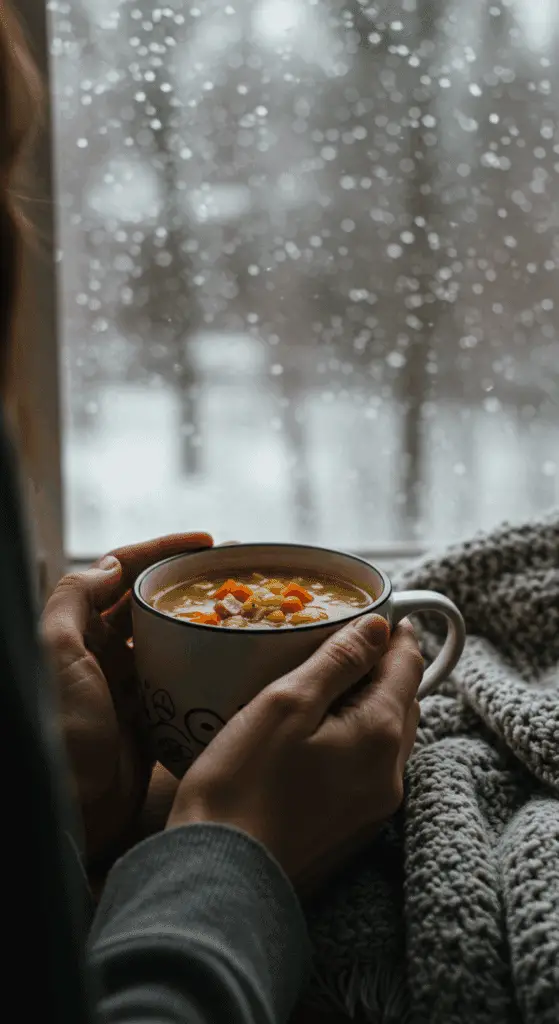 A person holding a warm, steaming mug of Ham and Split Pea Soup on a cold day.