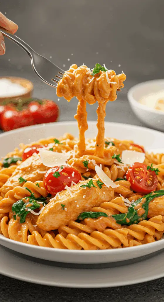A beautiful, creamy bowl of high-protein Chicken Pasta Alla Vodka with a cottage cheese sauce.