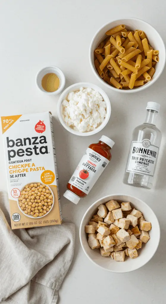 The simple, healthy ingredients for the viral High-Protein Chicken Pasta Alla Vodka recipe.