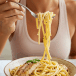 A happy and fit person enjoying a large, healthy bowl of high-protein Chicken Pasta Alla Vodka.
