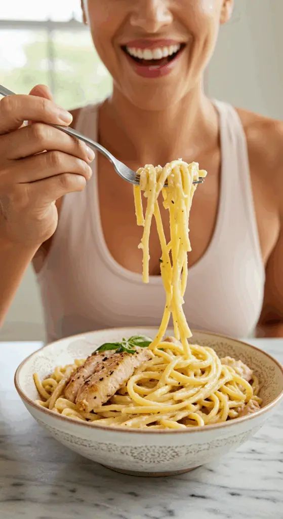 A happy and fit person enjoying a large, healthy bowl of high-protein Chicken Pasta Alla Vodka.