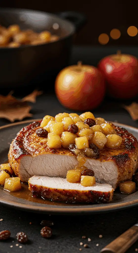 A beautiful, golden-brown, juicy, pan-seared Pork Chop on a plate, topped with a generous portion of chunky, homemade Golden Apple Sauce.