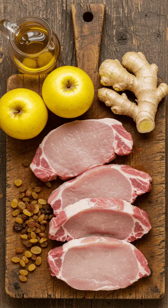 The fresh, from-scratch ingredients for the classic Pork Chops and homemade Golden Apple Sauce recipe.