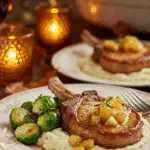 A beautiful plate of homemade Pork Chops with a generous portion of Golden Apple Sauce, served with roasted Brussels sprouts for a healthy meal.