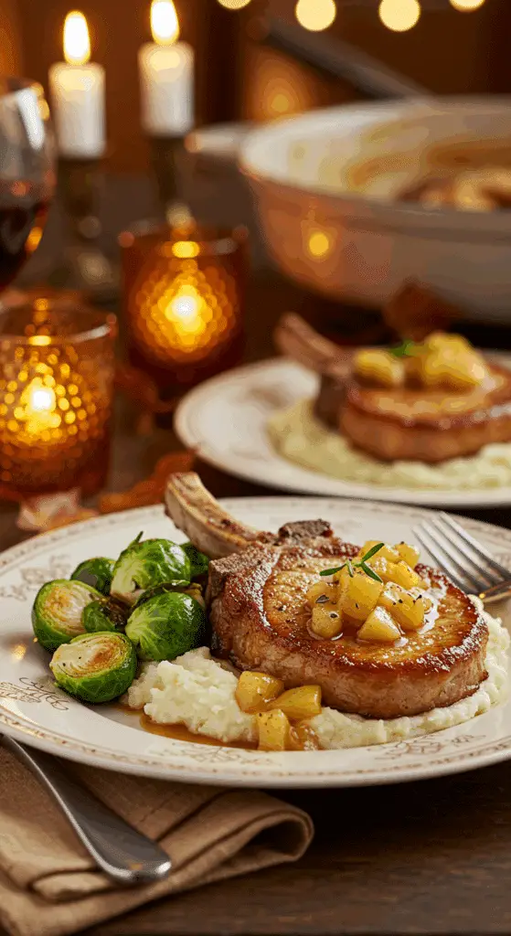 A beautiful plate of homemade Pork Chops with a generous portion of Golden Apple Sauce, served with roasted Brussels sprouts for a healthy meal.