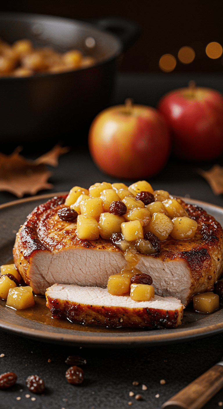 A beautiful, golden-brown, juicy, pan-seared Pork Chop on a plate, topped with a generous portion of chunky, homemade Golden Apple Sauce.