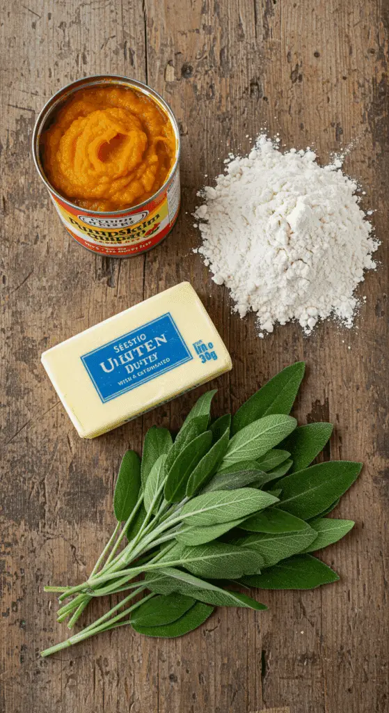 The simple, from-scratch ingredients for the homemade Pumpkin Pasta and brown butter sage sauce recipe.