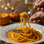 An elegant bowl of homemade, creamy Pumpkin Pasta being served at a sophisticated fall dinner party.
