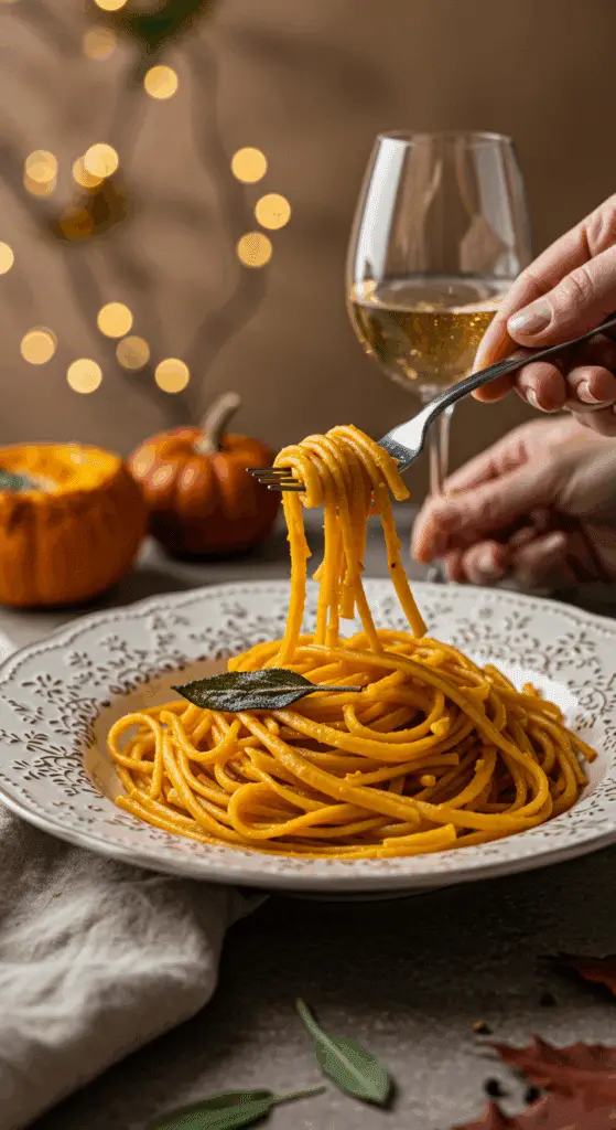 An elegant bowl of homemade, creamy Pumpkin Pasta being served at a sophisticated fall dinner party.