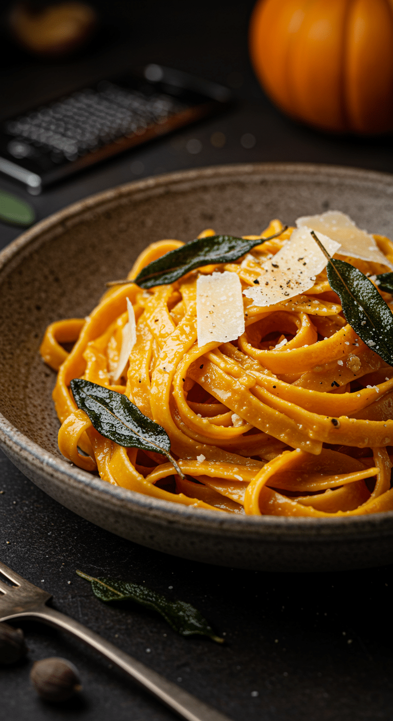 A beautiful, rustic bowl of homemade, vibrant orange Pumpkin Pasta, tossed in a brown butter and sage sauce and garnished with crispy sage leaves.