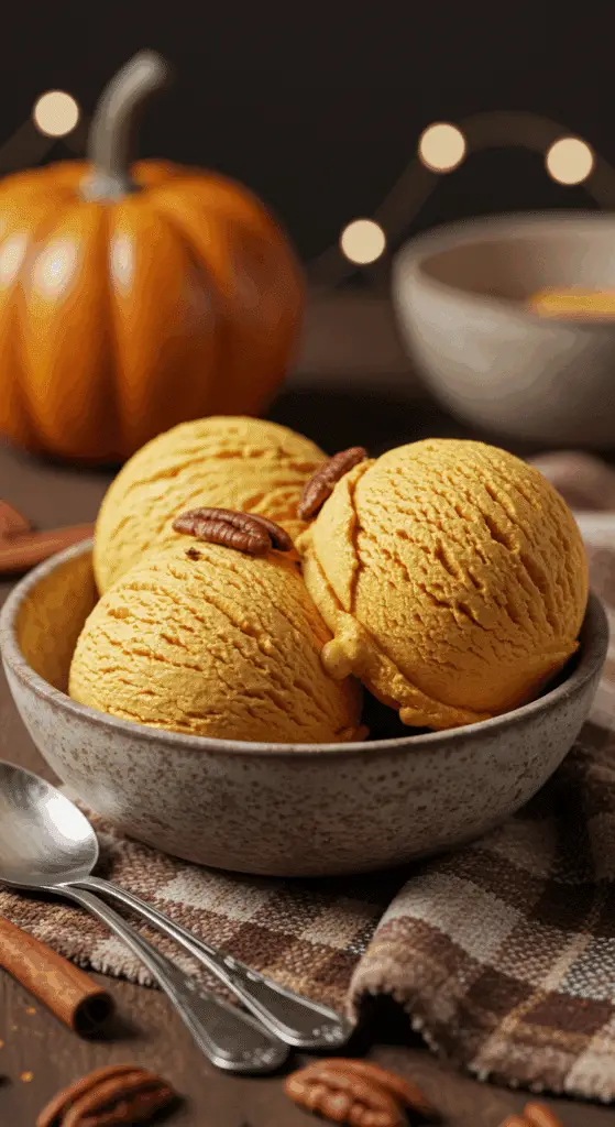 Two beautiful scoops of creamy, orange, homemade Healthy Pumpkin Ice Cream in a rustic bowl.