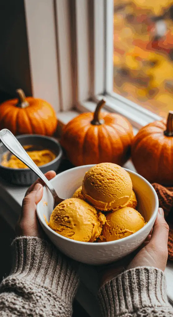 A person in a cozy sweater enjoying a bowl of homemade Healthy Pumpkin Ice Cream.