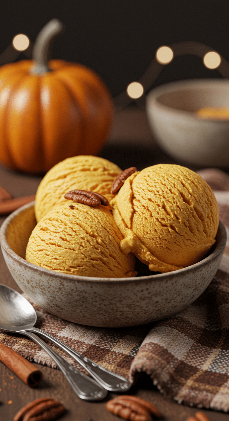 Two beautiful scoops of creamy, orange, homemade Healthy Pumpkin Ice Cream in a rustic bowl.