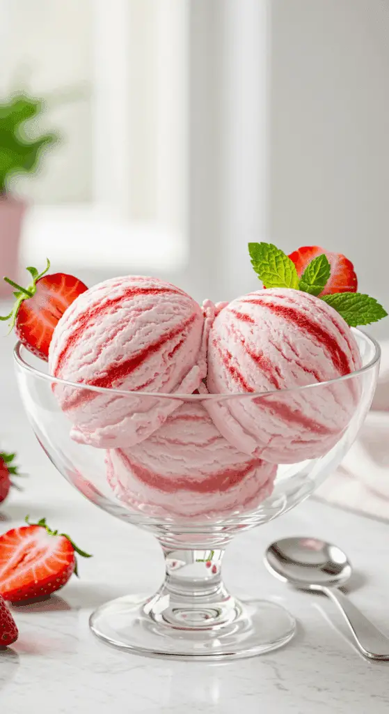 Two beautiful scoops of creamy, pink, homemade Strawberry Cottage Cheese Ice Cream in a stylish bowl.