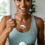 A happy person enjoying a bowl of high-protein Cottage Cheese Ice Cream as a healthy snack