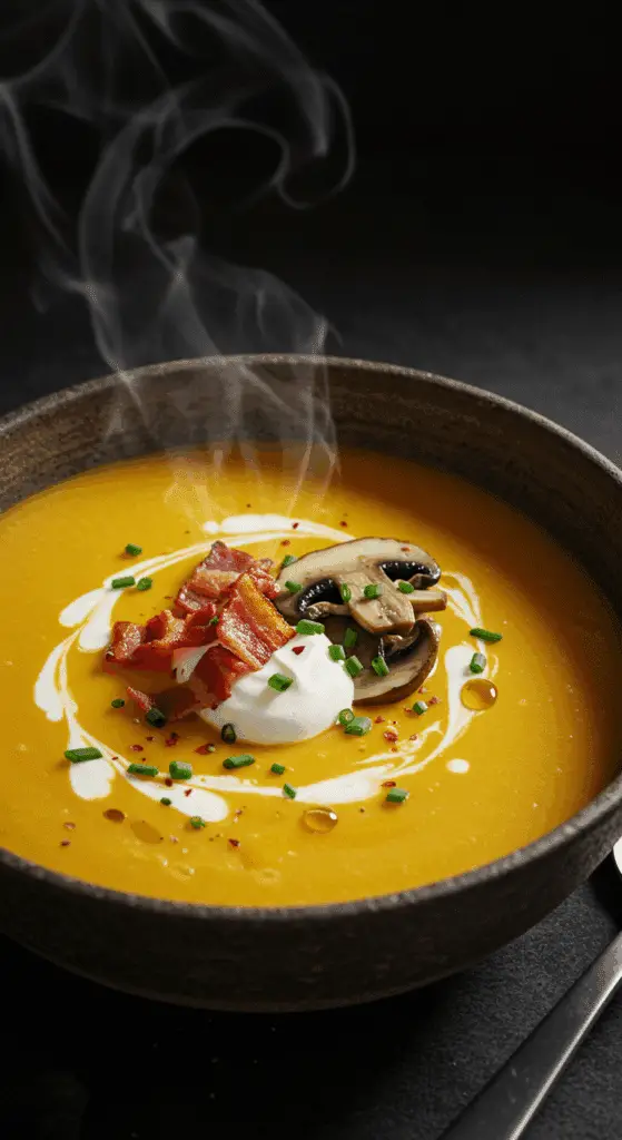 A beautiful, rustic bowl of creamy, homemade Instant Pot Butternut Squash Soup with a swirl of cream and crispy pancetta.