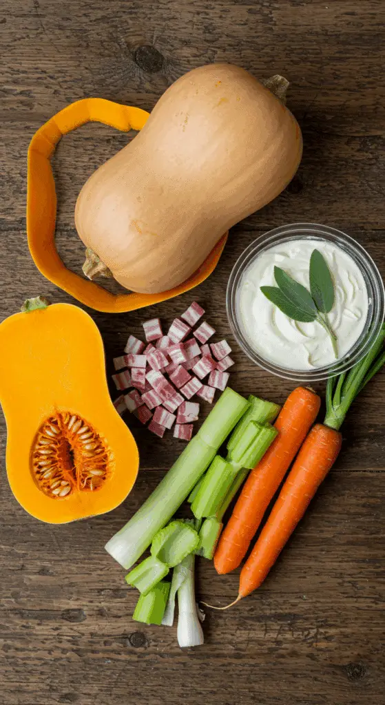 The fresh, savory ingredients for the Instant Pot Butternut Squash Soup recipe.