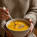 A person in a cozy sweater enjoying a warm, comforting bowl of homemade Instant Pot Butternut Squash Soup.