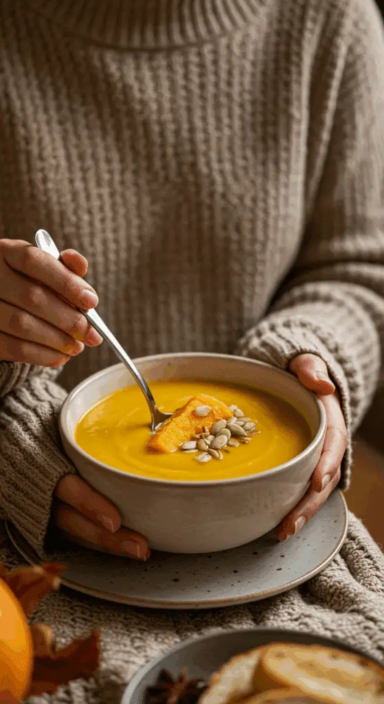 A person in a cozy sweater enjoying a warm, comforting bowl of homemade Instant Pot Butternut Squash Soup.