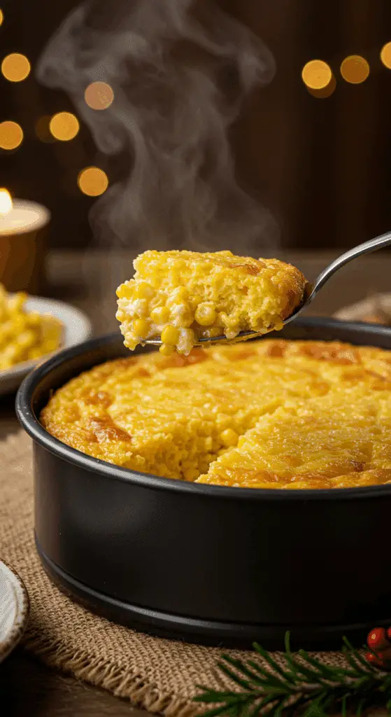 A beautiful, round, homemade Instant Pot Corn Pudding with a creamy, custardy scoop being lifted out.