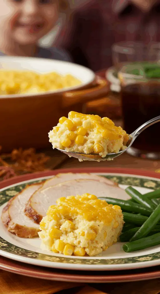 A delicious scoop of homemade Instant Pot Corn Pudding being served on a plate at a holiday dinner.