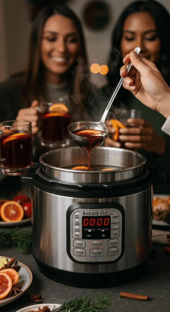 A hand ladling a hot mug of mulled wine from the Instant Pot at a festive holiday party.