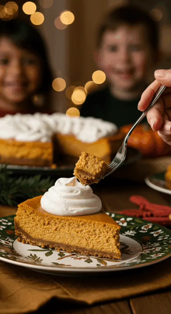 A beautiful slice of Instant Pot Pumpkin Cheesecake with a swirl of whipped cream being served for a holiday dessert.