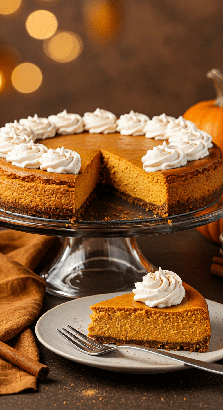 A beautiful, perfect, and crack-free homemade Instant Pot Pumpkin Cheesecake on a cake stand with a slice removed.