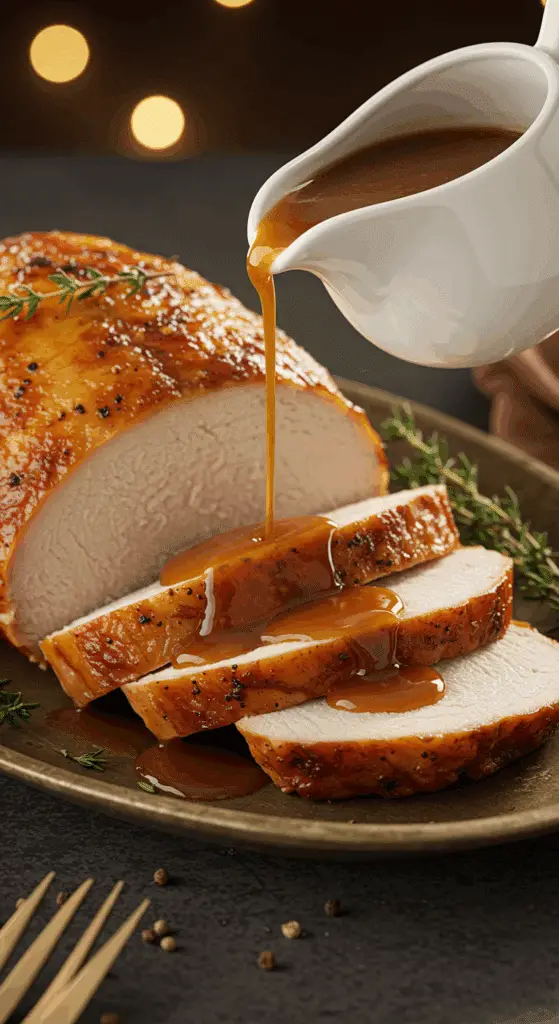 A beautiful platter of juicy, sliced, homemade Instant Pot Turkey Breast with a rich, from-scratch gravy being poured over it.